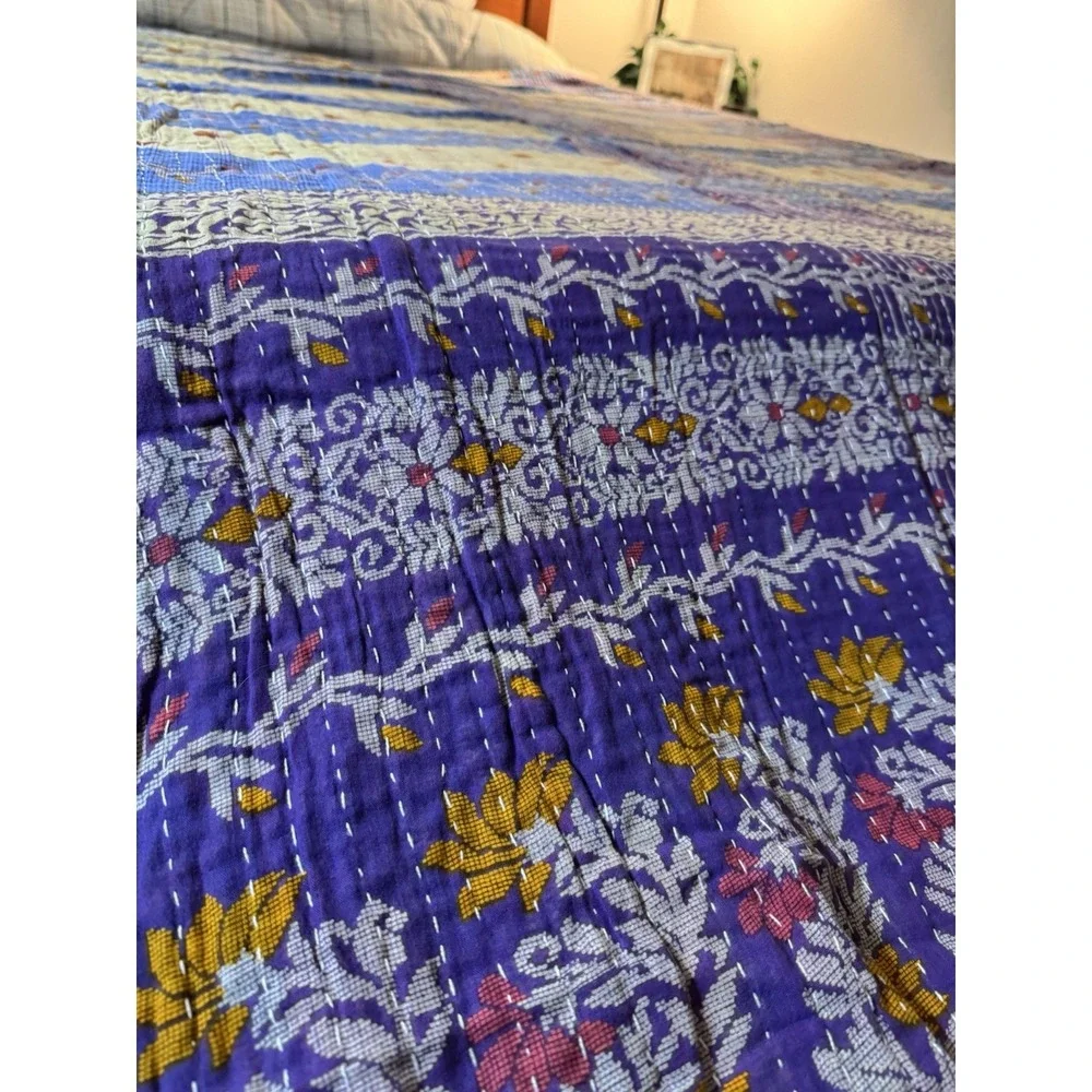 Kantha Quilt Twin Handmade Reversible Indian Cotton Bedspread Throw 86x54 Boho